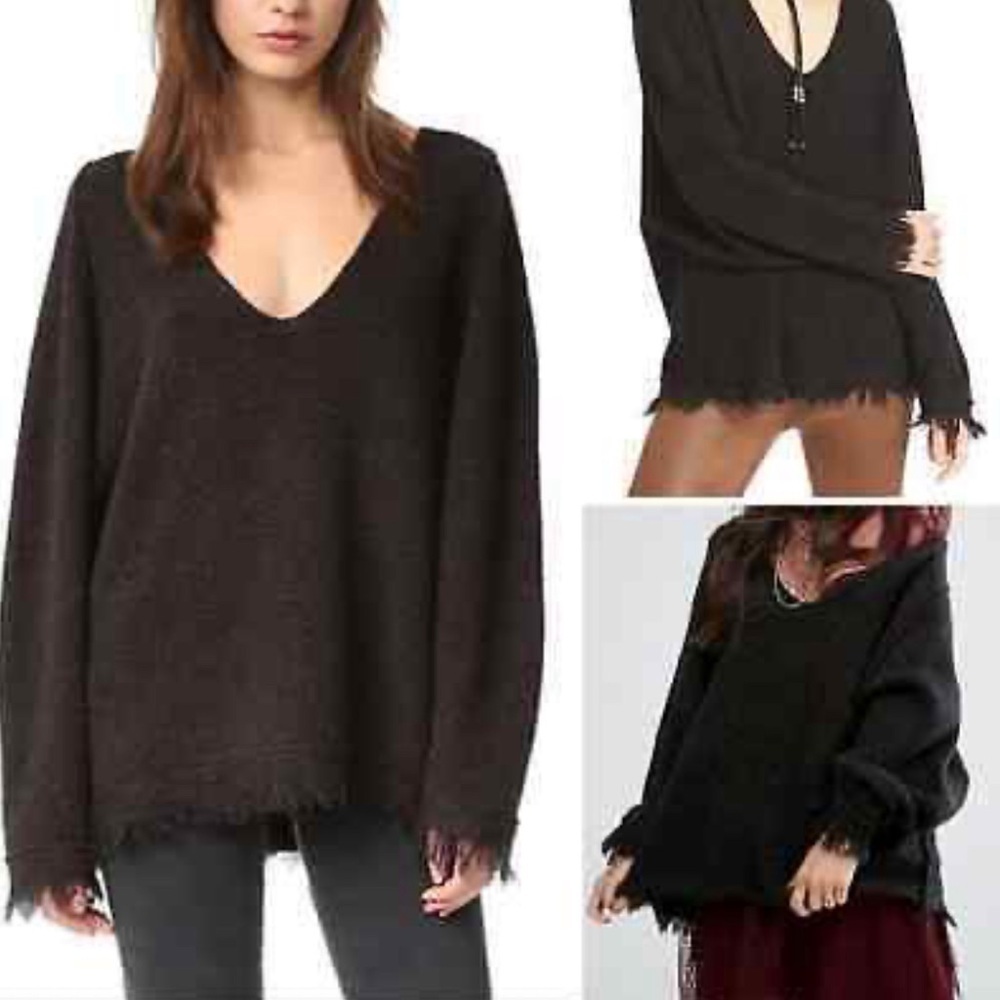 Free People Black Brown Irresistible Fringe Oversized Sweater Size Small